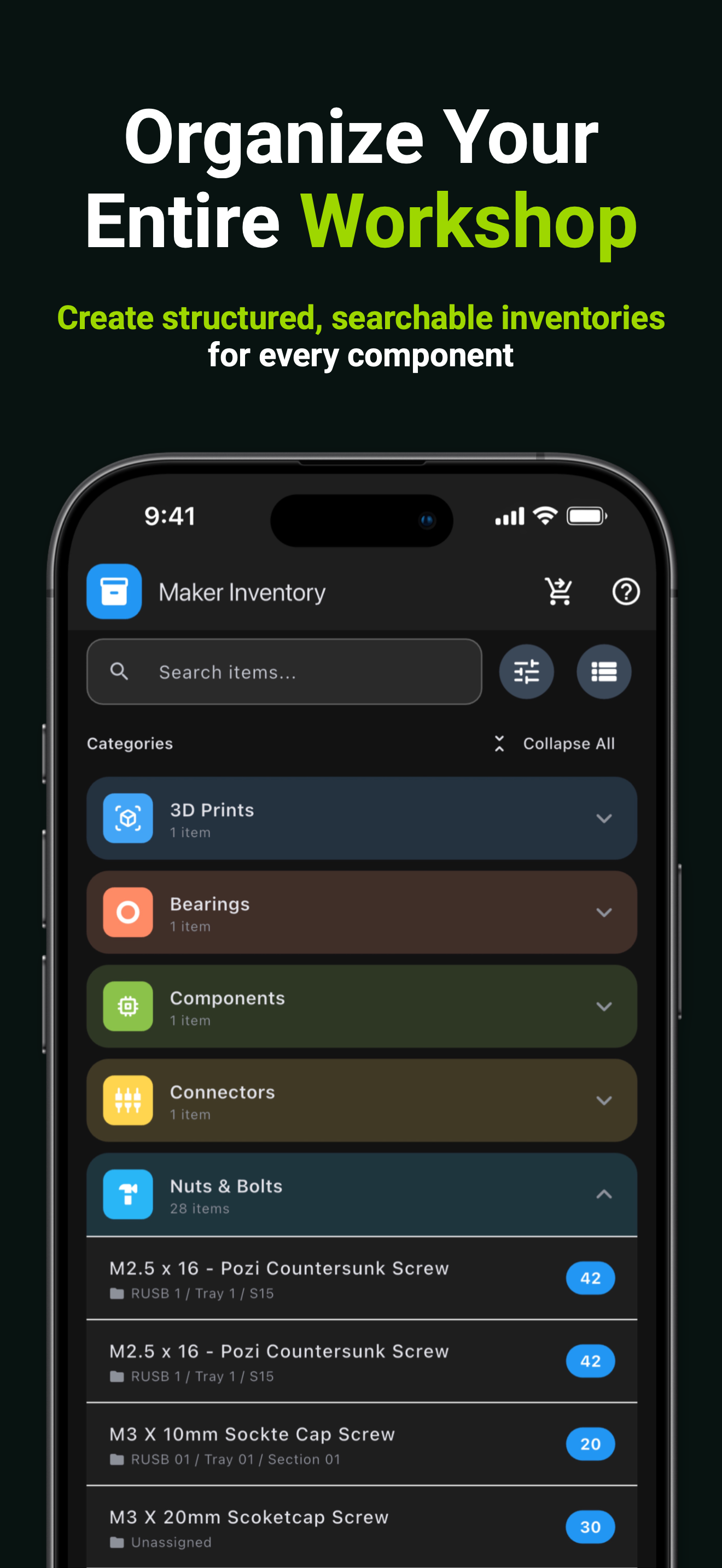 Maker Inventory screenshot: Home / Items